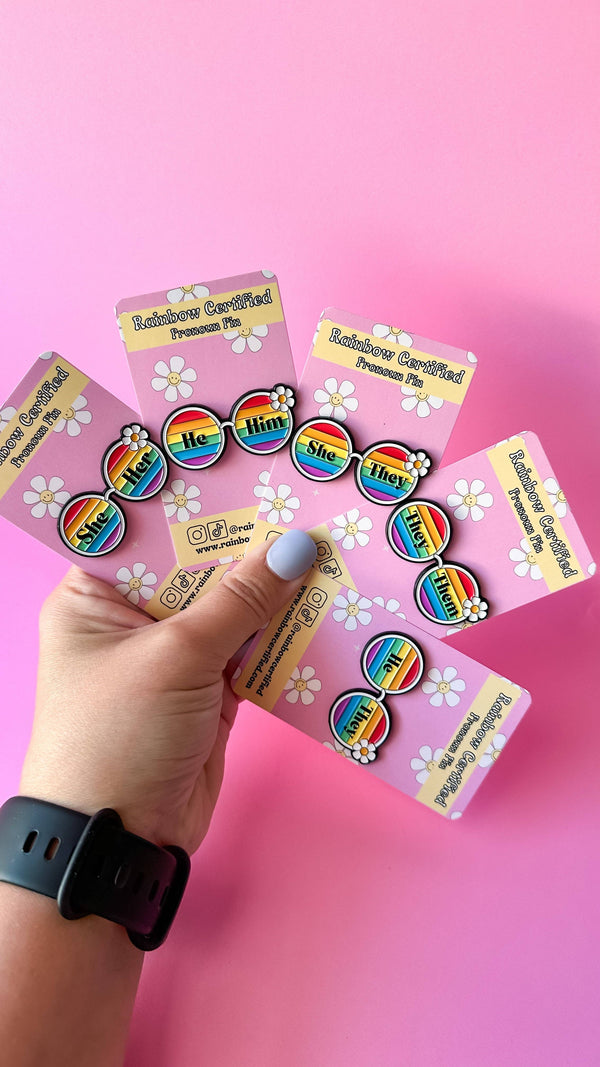 70's Rainbow Glasses Pronoun Pins